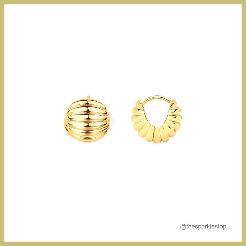 14K Gold Plated Ribbed Hoop Earrings - Chunky Huggie Hoops - Sterling Silver